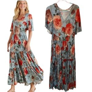 Soft Surroundings Size L First Blooms Tiered Maxi Dress Porcelain Blue Rose